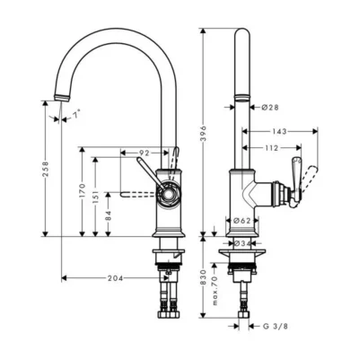 Axor Montreux keukenkraan draaibare uitloop hendelgreep 16580000 technische tekening