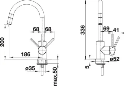 Blanco Mida s enkele hendel keukenkraan rond uittrekbare uitloop chroom 521454 technische tekening