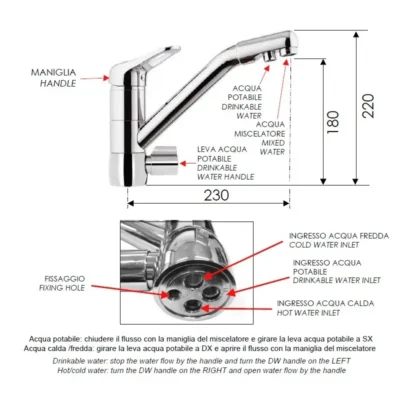 Daniel Eco filter keukenkraan 3 weg chroom voor gezuiverd water met draaibare uitloop tekening