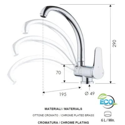 Daniel Omega Green eengreepskeukenkraan neerklapbaar met draaibare uitloop waterbesparend tekening