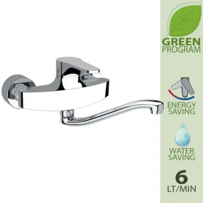 Daniel Omega Green muur keukenkraan met draaibare s uitloop waterbesparend tekening