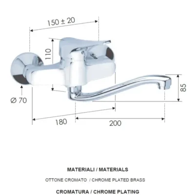 Daniel Rio draaibare s vormige keukenkraan chroom wandmontage technische tekening