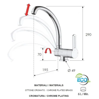 Daniel Smart Green eengreeps keukenkraan neerklapbaar hoge draaibare uitloop waterbesparend tekening