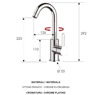 Daniel Smart eengats keukenkraan hoge draaibare uitloop 90° kort model technische tekening
