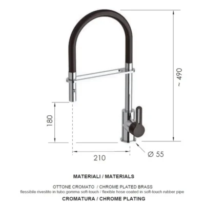 Daniel Smart spoelkraan chroom met flexibele slang matzwart en afneembare handdouche tekening