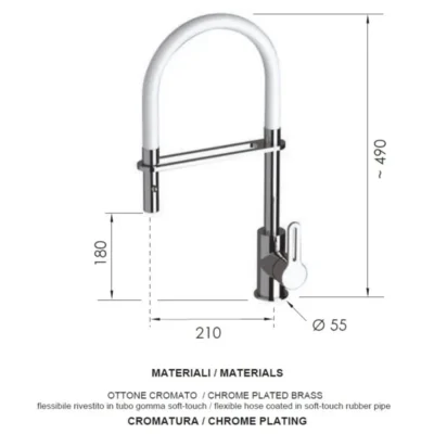 Daniel Smart spoelkraan met flexibele slang en afneembare handdouche chroom technische tekening