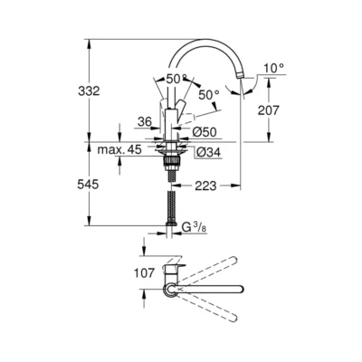 Grohe Bauedge eengreeps keukenkraan chroom 31367001 technische tekening