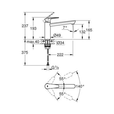 Grohe Bauedge eengreeps keukenkraan chroom 31693000 technische tekening