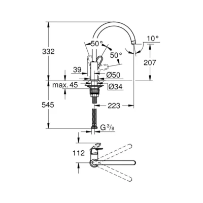 Grohe Bauflow eengreeps keukenkraan chroom 31538001 technische tekening