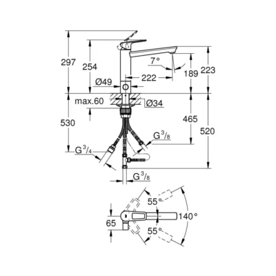 Grohe Bauloop eengreeps keukenkraan chroom 31713000 technische tekening
