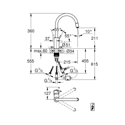 Grohe Concetto eengreeps keukenkraan chroom 31212003 technische tekening