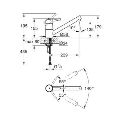 Grohe Concetto keukenkraan enkele hendel chroom 32659001 technische tekening