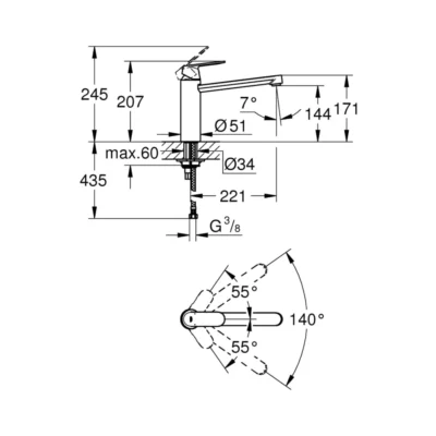 Grohe EuroSmart cosmopolitan eengreeps spoelbakmengkraan supersteel 30193dc0 technische tekening Grohe EuroSmart cosmopolitan eengreeps spoelbakmengkraan supersteel 30193dc0 technische tekening