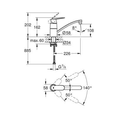 Grohe EuroSmart cosmopolitan eengreeps spoeltafelkraan chroom 31170000 technische tekening