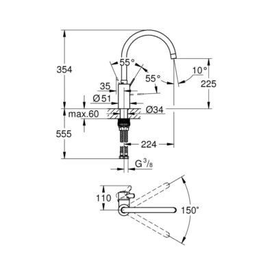 Grohe EuroSmart cosmopolitan keukenkraan 1 hendel chroom 3284320e technische tekening