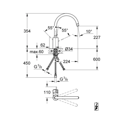 Grohe EuroSmart cosmopolitan keukenkraan chroom 31180000 eengreeps technische tekening