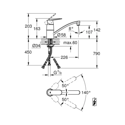 Grohe EuroSmart cosmopolitan keukenkraan enkele hendel chroom 31179000 technische tekening