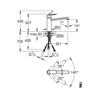 Grohe EuroSmart cosmopolitan keukenmengkraan 1 2 chroom 30194000 technische tekening