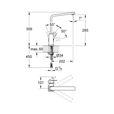 Grohe Eurocube eenhendel keukenmengkraan supersteel 31255dc0 technische tekening
