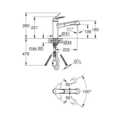 Grohe Eurodisc cosmopolitan keukenkraan chroom 32257002 met draaibare uitloop tekening