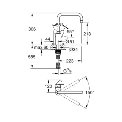 Grohe Eurodisc cosmopolitan keukenkraan chroom 32259003 met draaibare uitloop tekening