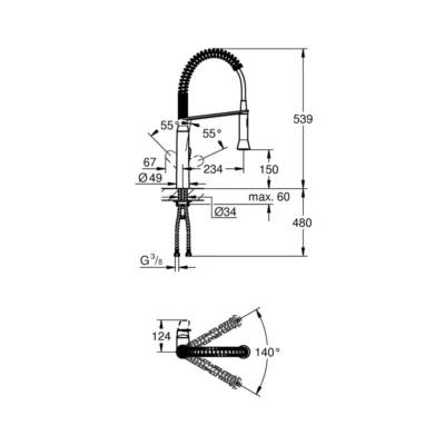 Grohe K7 eengreeps keuken spoelkraan chroom 31379000 technische tekening Grohe K7 eengreeps keuken spoelkraan chroom 31379000 technische tekening