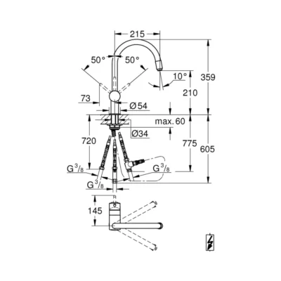 Grohe Minta eengreeps keukenkraan chroom 32511000 met draaibare uitloop technische tekening