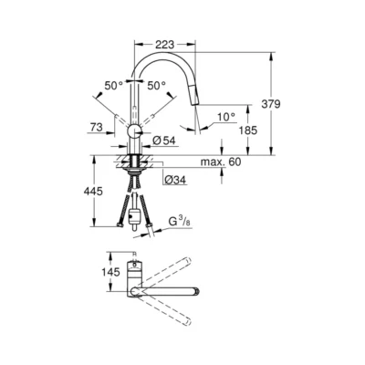 Grohe Minta eengreeps keukenkraan chroom met draaibare uitloop 32321002 technische tekening