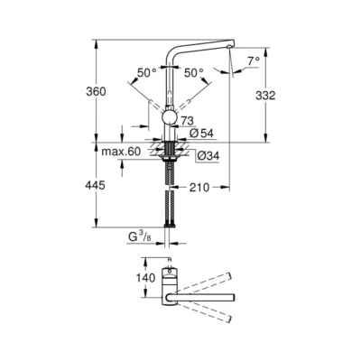 Grohe Minta eengreeps keukenkraan cool sunrise geborsteld 31375gn0 technische tekening