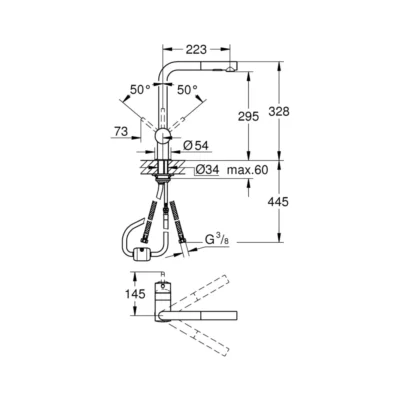 Grohe Minta eengreeps keukenkraan supersteel 30274dc0 met draaibare uitloop technische tekening