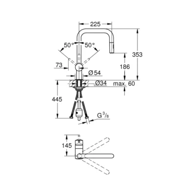 Grohe Minta eengreeps spoelbakmengkraan hard grafiet geborsteld 32322al2 technische tekening