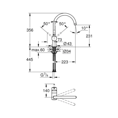 Grohe Minta eengreepse keukenmengkraan warm zonsondergang geborsteld 32917dl0 tekening
